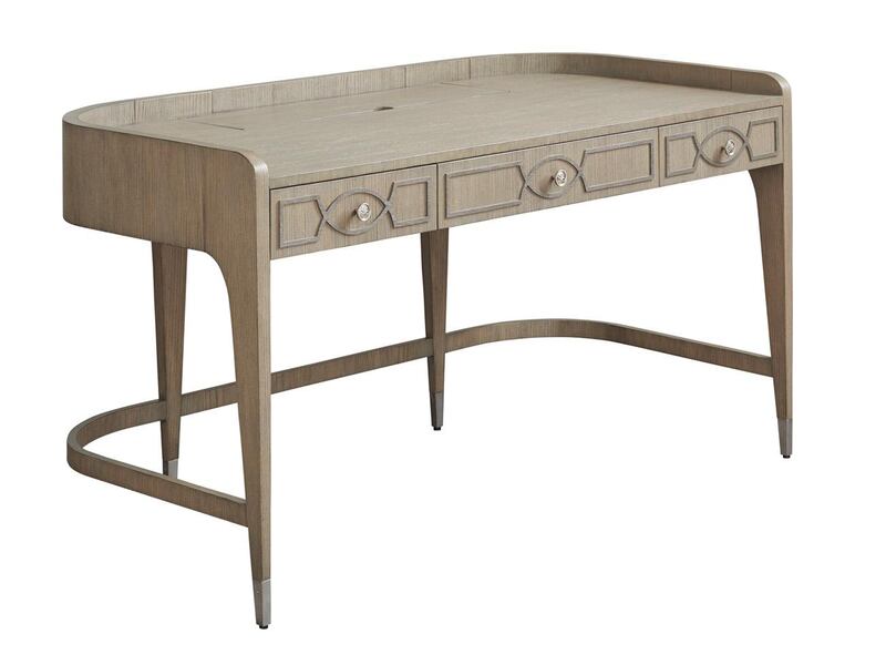For an understated desk option that won’t take up too much space, check out the Hamilton Writing Desk from Interiors, which has less of a traditional office feel. The neo-classical design features an elegant curved front and a wire-brushed, dove grey finish. 
Hamilton Writing Desk, Dh9,300, www.interiorsfurniture.com