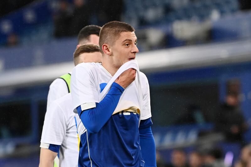 Vitaliy Mykolenko of Everton prior to kick-off. Getty