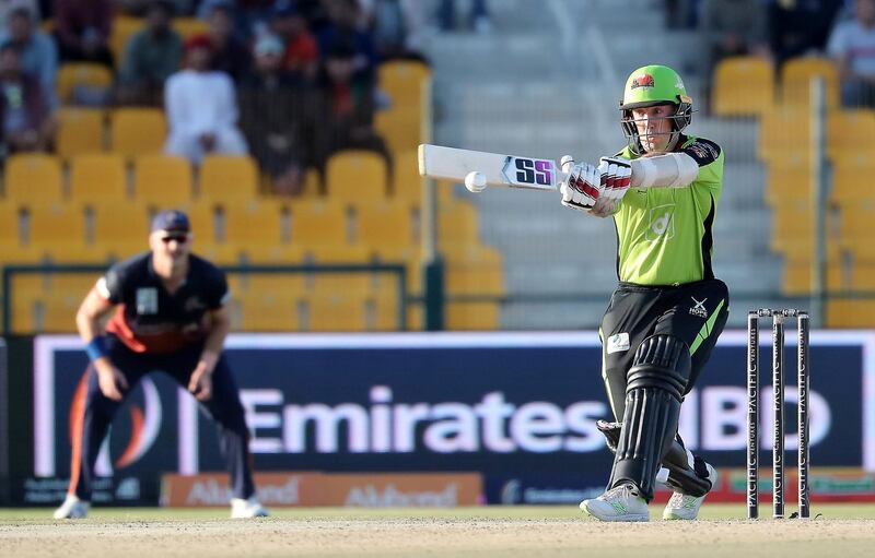 ABU DHABI , UNITED ARAB EMIRATES , Nov 23 – 2019 :- Luke Ronchi of Qalandars playing a shot during the Abu Dhabi T10 Cricket match between Maratha Arabians vs Qalandars at Sheikh Zayed Cricket Stadium in Abu Dhabi. ( Pawan Singh / The National )  For Sports. Story by Paul