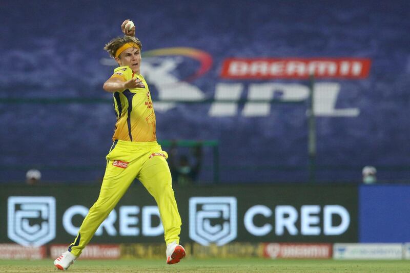 Sam Curran of Chennai Superkings  fields of his own bowling during match 1 of season 13 of the Dream 11 Indian Premier League (IPL) between the Mumbai Indians and the Chennai Superkings held at the Sheikh Zayed Stadium, Abu Dhabi in the United Arab Emirates on the 19th September 2020.  Photo by: Vipin Pawar  / Sportzpics for BCCI