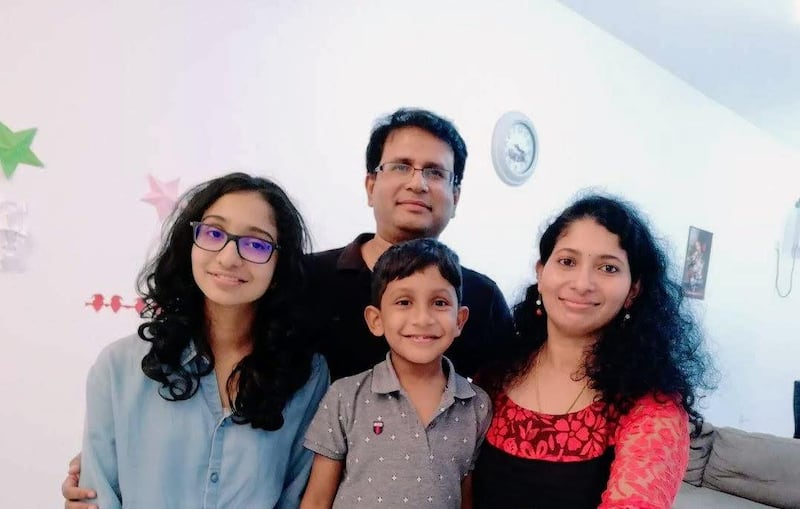 Gems Our Own Indian School pupil Sapna Harilal and family celebrating at home. Courtesy: The Harilal family