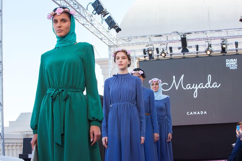 DUBAI, UNITED ARAB EMIRATES -Mayada show at the second day of Dubai Modest Fashion Show at Emerald Palace Kempinski, Dubai.  Leslie Pableo for The National for Hafsa Lodi's story