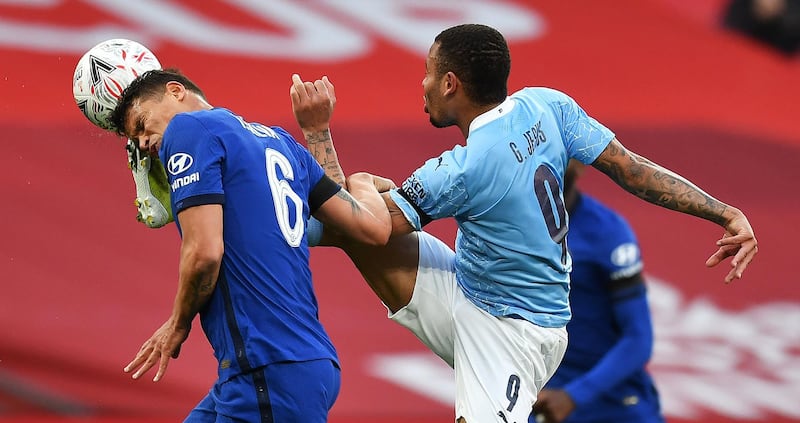 Chelsea's Thiago Silva takes a boot to the head from Gabriel Jesus of Manchester City. Getty