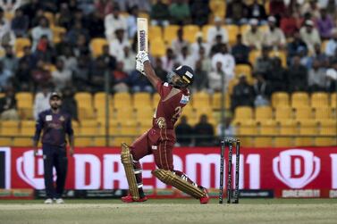ABU DHABI , UNITED ARAB EMIRATES , Nov 21 – 2019 :- Nicholas Pooran of Northern Warriors playing a shot during the Abu Dhabi T10 Cricket match between Northern Warriors vs Deccan Gladiators at Sheikh Zayed Cricket Stadium in Abu Dhabi. ( Pawan Singh / The National ) For Sports. Story by Paul