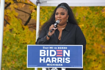 DETROIT, MICHIGAN - OCTOBER 23: Recording Artist Lizzo speaks onstage during a campaign event for Democratic Presidential Candidates Joe Biden and Kamala Harris at Focus Hope Detroit on October 23, 2020 in Detroit, Michigan.   Aaron J. Thornton/Getty Images/AFP
== FOR NEWSPAPERS, INTERNET, TELCOS & TELEVISION USE ONLY ==
