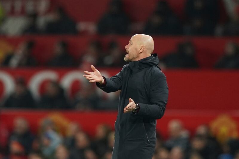 Manchester United's coach Erik ten Hag gestures to his players. AP