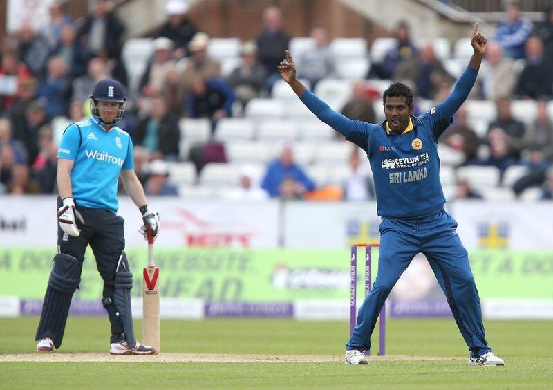 Angelo Mathews reacts during Sri Lanka's win over England in their second one-day international on Sunday. Jan Kruger / Getty Images / May 25, 2014
