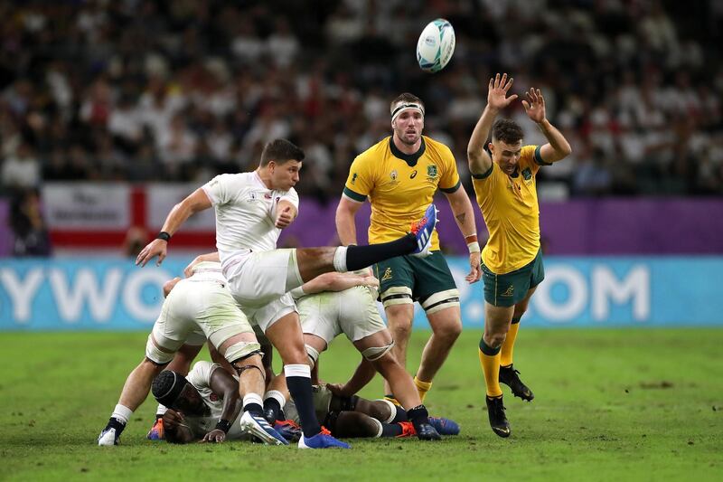 England's Ben Youngs in action with Australia's Nic White during the Quarter Final at Oita Stadium, Oita, Japan. REUTERS