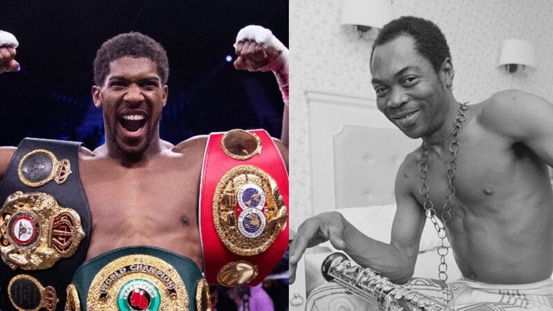 Anthony Joshua after his win in Riyadh on Saturday, left, and Fela Kuti in the UK in 1984. Getty 