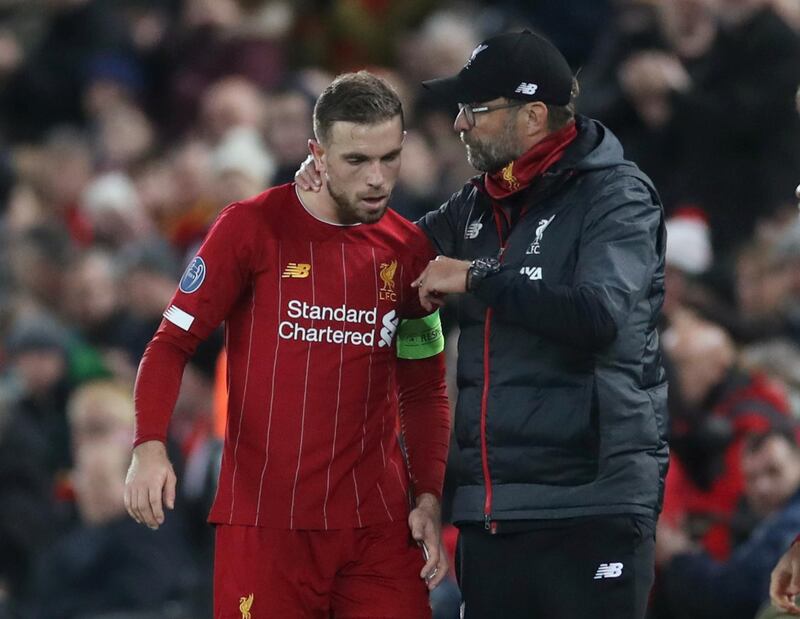 Soccer Football - Champions League - Group E - Liverpool v Napoli - Anfield, Liverpool, Britain - November 27, 2019  Liverpool manager Juergen Klopp with Jordan Henderson   Action Images via Reuters/Carl Recine