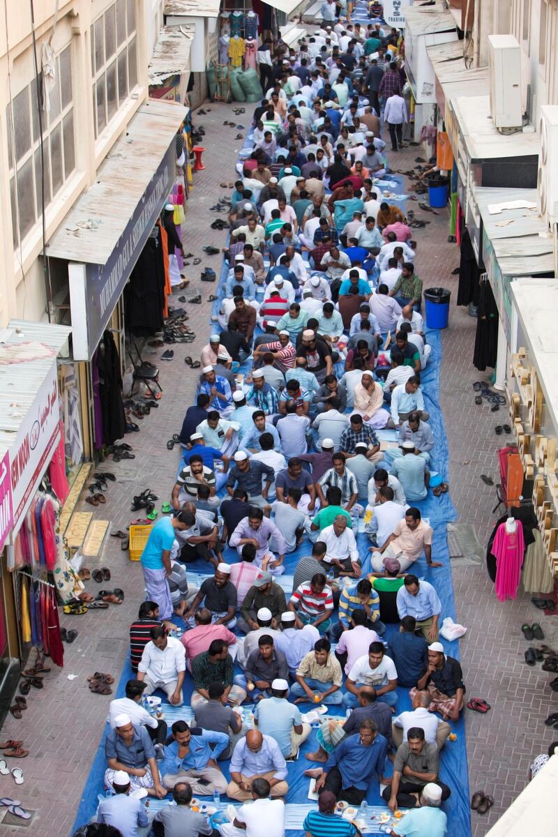 DUBAI,  UNITED ARAB EMIRATES, 20 May 2018 - Muslims taking their places before iftar at Lootah Masjid Mosque, Deira, Dubai. Leslie Pableo for The National  for Ramola Talwar story