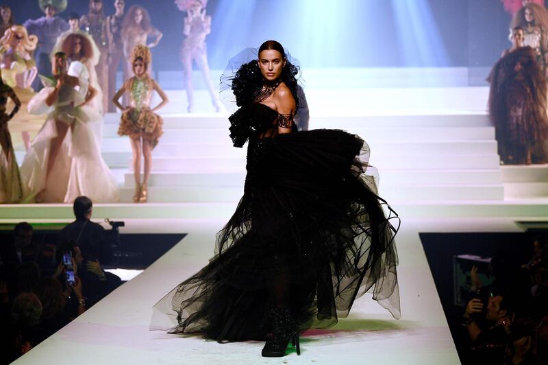 Russian model Irina Shayk presents a creation from Jean Paul Gaultier's final collection presented during the Women's Spring / Summer 2020 Haute Couture Week in Paris. AFP