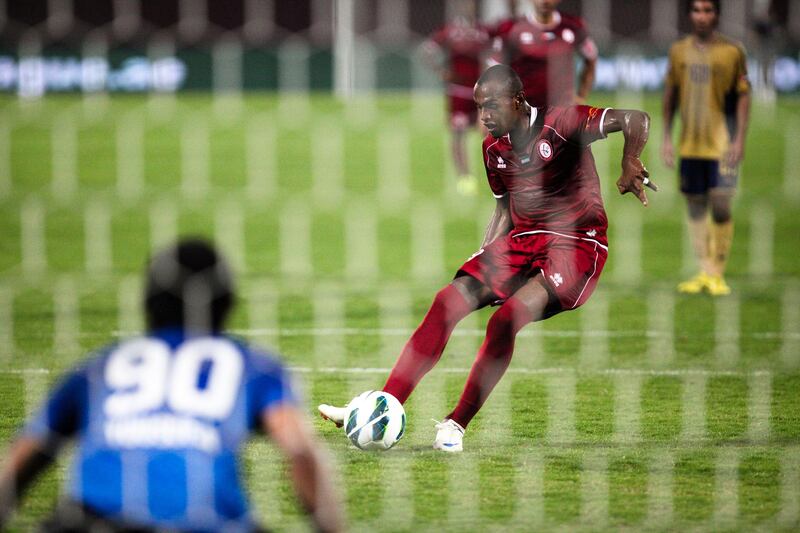 Abu Dhabi, UAE, November 12, 2012:

Al Wahda faced off agianst Dubai tonight and prevaled 2-1 to end the season on a positive note.

Marcelo Oliveira Da Silva  strikes, unseccusfully, on a penalty kick.
Lee Hoagland/The National



