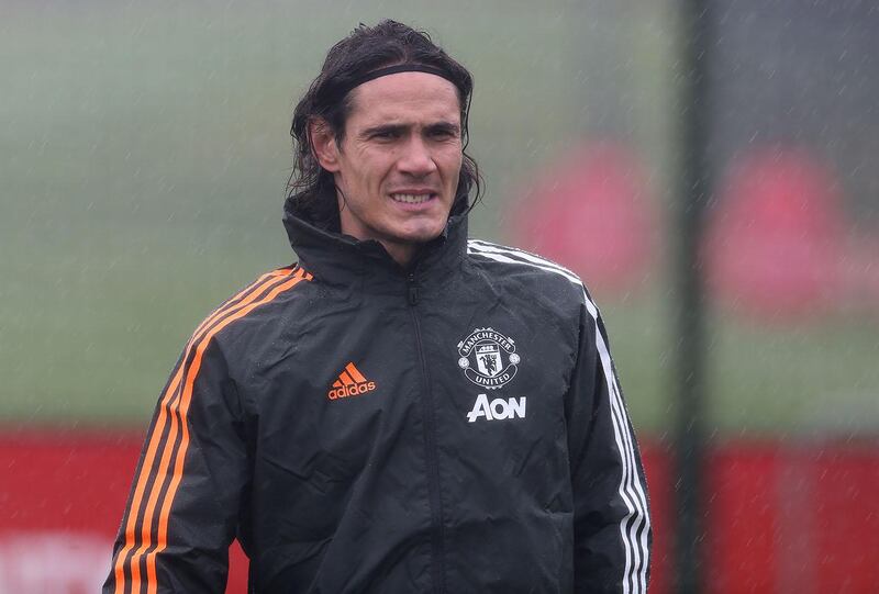 MANCHESTER, ENGLAND - OCTOBER 27: Edinson Cavani of Manchester United in action during a first team training session ahead of the UEFA Champions League Group H stage match between Manchester United and RB Leipzig at Aon Training Complex on October 27, 2020 in Manchester, England. (Photo by Matthew Peters/Manchester United via Getty Images)