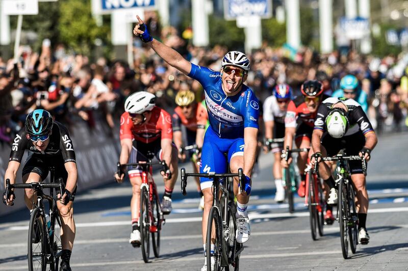 Germany's Marcel Kittel, from Belgium's Quick-Step Floors Team, reacts upon winning the Merass stage 5 during the Dubai Tour 2017 on February 4, 2017.
Defending champion Marcel Kittel won the Tour of Dubai on Saturday after clinching the final stage by emerging triumphant from a bunch sprint at the foot of the world's tallest building. / AFP PHOTO / STRINGER