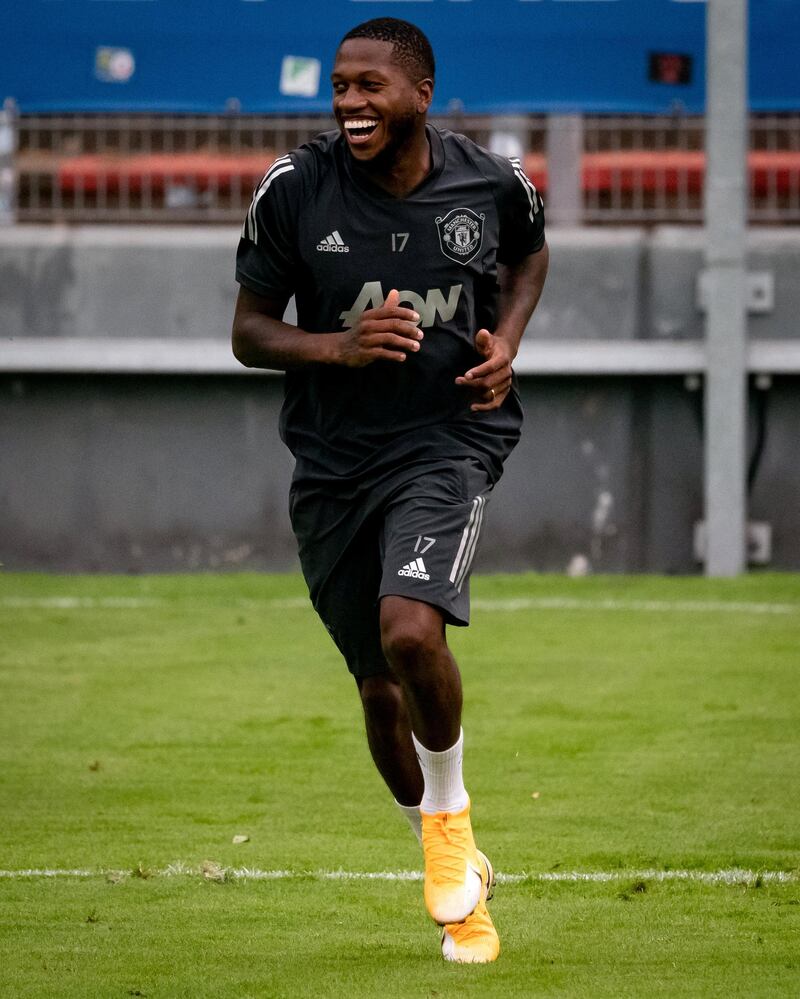 COLOGNE, GERMANY - AUGUST 15:  Fred of Manchester United laughs during a training session at RheinEnergieStadion on August 15, 2020 in Cologne, Germany. (Photo by Ash Donelon/Manchester United via Getty Images)