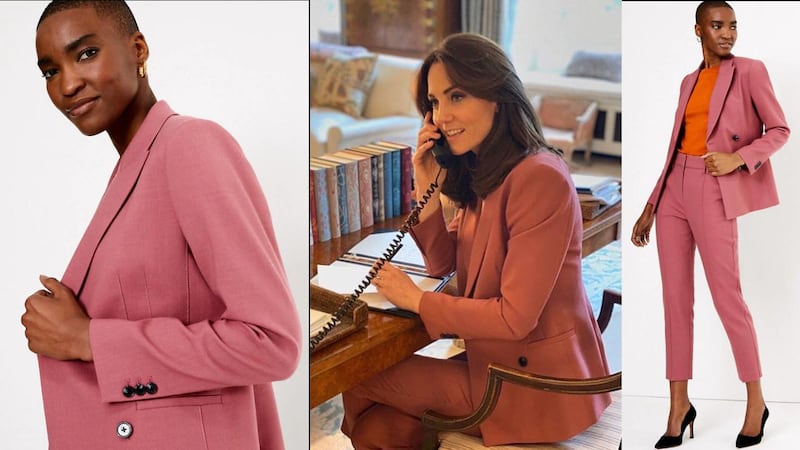 The blush pink power suit Kate Middleton wore while working from home retails at Marks & Spencer in the UAE for Dh1,070. Photos: Marks & Spencer and Kensington Royal Instagram 