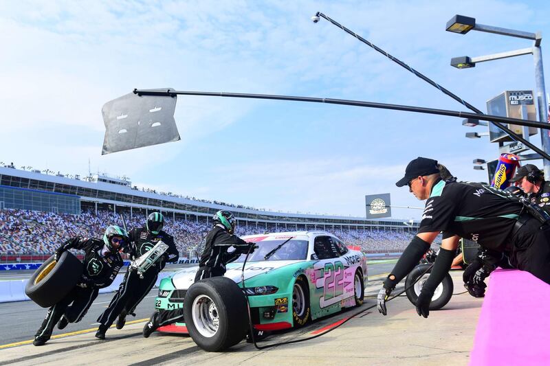Austin Cindric, driver with MoneyLion Ford, pits during the Nascar Xfinity Series Drive for the Cure 250  at Charlotte Motor Speedway on Saturday, September 28. AFP