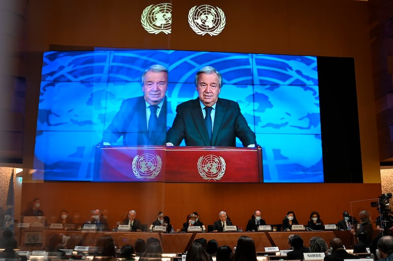 UN Secretary General Antonio Guterres delivers a speech on screen during the opening of the 49th session of the UN Human Rights Council in Geneva, Switzerland. AP