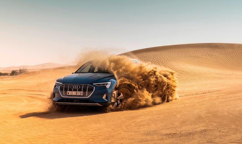The Audi e-tron in Abu Dhabi,
Dynamic photo, 
Color: Antigua blue