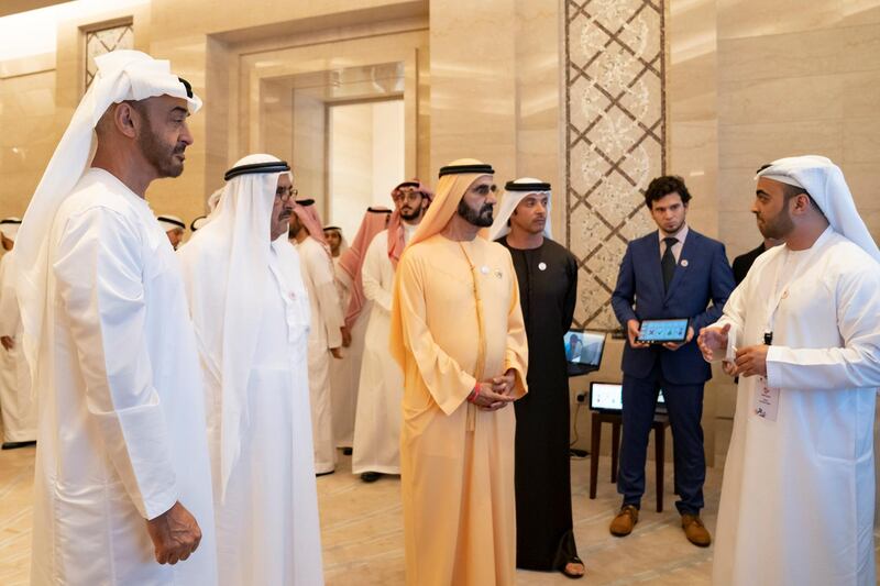 ABU DHABI, UNITED ARAB EMIRATES - March 10, 2019: HH Sheikh Mohamed bin Zayed Al Nahyan, Crown Prince of Abu Dhabi and Deputy Supreme Commander of the UAE Armed Forces (L) and HH Sheikh Mohamed bin Rashid Al Maktoum, Vice-President, Prime Minister of the UAE, Ruler of Dubai and Minister of Defence (3rd L), attend the Determination Retreat, at the Presidential Palace. Seen with HH Sheikh Hamdan bin Rashid Al Maktoum, Deputy Ruler of Dubai and UAE Minister of Finance  (2nd L) and HH Sheikh Hazza bin Zayed Al Nahyan, Vice Chairman of the Abu Dhabi Executive Council (4th L).

( Ryan Carter for the Ministry of Presidential Affairs)
---