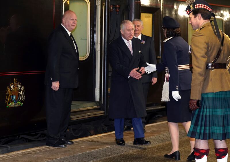 King Charles arrives on the royal train at Manchester Victoria Station. AP