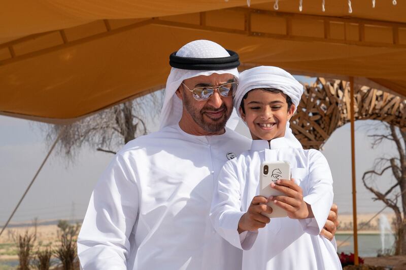 DUBAI, UNITED ARAB EMIRATES - December 23, 2018: HH Sheikh Mohamed bin Zayed Al Nahyan, Crown Prince of Abu Dhabi and Deputy Supreme Commander of the UAE Armed Forces (L) stand for a photograph with Mohamed Ahmed Jaber Al Harbi (R), during a reception by HH Sheikh Mohamed bin Rashid Al Maktoum, Vice-President, Prime Minister of the UAE, Ruler of Dubai and Minister of Defence (not shown), in Dubai.

( Mohamed Al Hammadi / Ministry of Presidential Affairs )
---