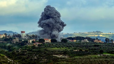 Smoke billows after an Israeli strike on the Lebanese border village of Tayr Harfa, amid cross-border tensions as fighting continues between Israel and Hamas militants in Gaza.  AFP