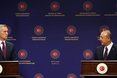 Turkish Foreign Minister Mevlut Cavusoglu, right, and Nato Secretary General Jens Stoltenberg hold a press conference after their meeting at the Foreign Ministry in Ankara on October 5, 2020. AFP