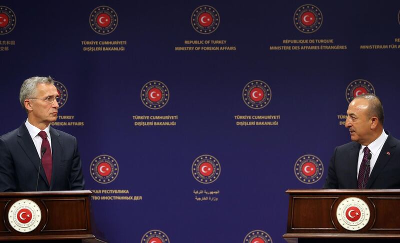 Turkish Foreign Minister Mevlut Cavusoglu (R) and NATO Secretary General Jens Stoltenberg (L) hold a joint press conference after their meeting at the Foreign Ministry building in Ankara, on October 05, 2020.
  / AFP / Adem ALTAN
