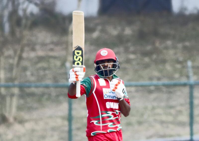 Mohammed Nadeem of Oman celebrates his half century during the ICC Cricket World Cup League 2 match between USA and Oman at TU Cricket Stadium on 6 February 2020 in Nepal  (3)