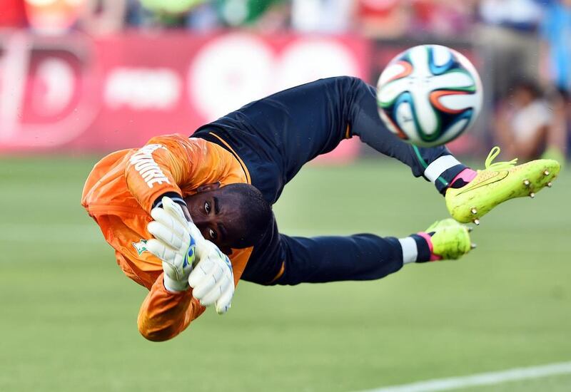 Ivory Coast’s goalkeeper Boubacar Copa Barry warms up before a World Cup preparation match between Ivory Coast and El Salvador at the Toyota Stadium in Frisco, Texas. Jewel Samad / AFP