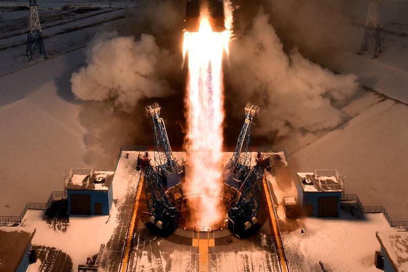 The Soyuz-2.1b rocket carrying Russia's Meteor-M 2-1 weather satellite lifts off at the Vostochny Cosmodrome outside the city of Uglegors in the far eastern Amur region. Kirill Kudryavtsev / AFP Photo