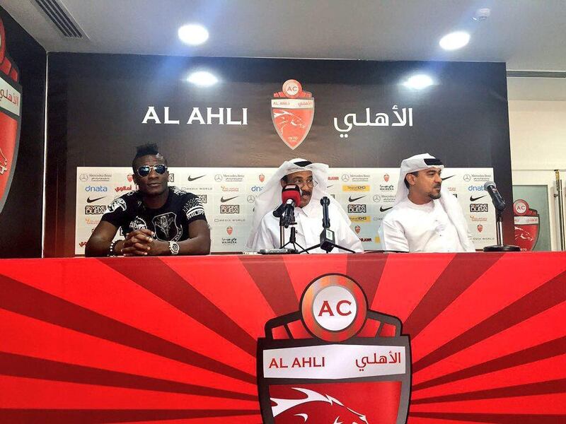 Ghanaian footballer Asamoah Gyan is introduced at Al Ahli, Sunday September 4, 2016. The former Al Ain striker has returned to the UAE on a loan from Shanghai SIPG. John McAuley / The National