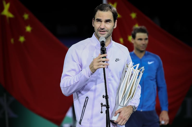 SHANGHAI, CHINA - OCTOBER 15:  Roger Federer of Switzerland speak  during the award ceremony after win his Men's singles final match against Rafael Nadal of Spain reacts on day eight of 2017 ATP Shanghai Rolex Masters at Qizhong Stadium on October 15, 2017 in Shanghai, China.  (Photo by Lintao Zhang/Getty Images)