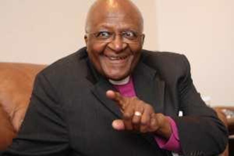 DUBAI - OCTOBER 26,2009 - Nobel Peace Prize winner Arcbishop Desmond Tutu gesture during interview on the Leaders In Dubai Business Forum at World Trade Center in Dubai. ( Paulo Vecina/The National ) *** Local Caption ***  PV Tutu 3.jpg