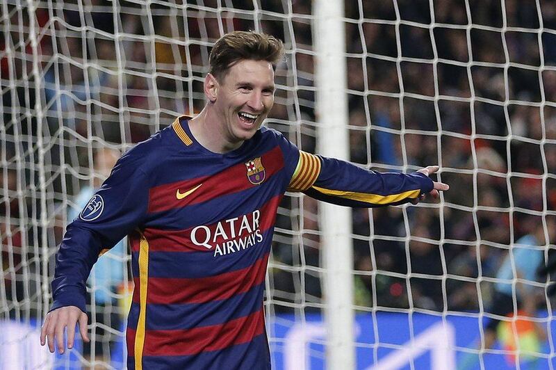 Barcelona's Lionel Messi, left, celebrates after scoring his team's fifth goal in their Champions League win over AS Roma last Tuesday. Emilio Morenatti / AP / November 24, 2015 