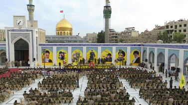 Hezbollah supporters at a Shiite shrine in the Sayda Zeinab district of Damascus, in June 2021.