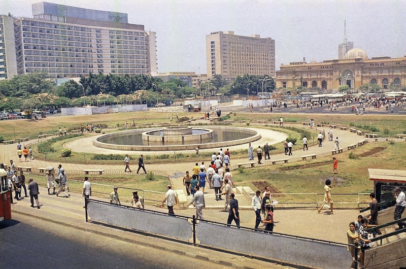 Mandatory Credit: Photo by Shawki/AP/Shutterstock (7334777f)
View of Tahrir Square (liberation Sq.) with Egyptians on a pedestrian bridge and a mosque in background in Cairo, Egypt in 1973
Egypt, Cairo, Egypt
