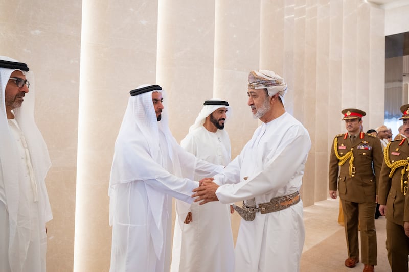 Sheikh Saif bin Zayed, Deputy Prime Minister and Minister of Interior,  Sheikh Nahyan Bin Zayed, Chairman of the Board of Trustees of Zayed bin Sultan Al Nahyan Charitable and Humanitarian Foundation, and Sheikh Hamed bin Zayed, bid farewell to Sultan Haitham