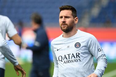 Paris Saint-Germain's Argentine forward Lionel Messi looks on as he warms up prior to the French L1 football match between Paris Saint-Germain (PSG) and FC Lorient at The Parc des Princes Stadium in Paris on April 30, 2023.  (Photo by Alain JOCARD  /  AFP)