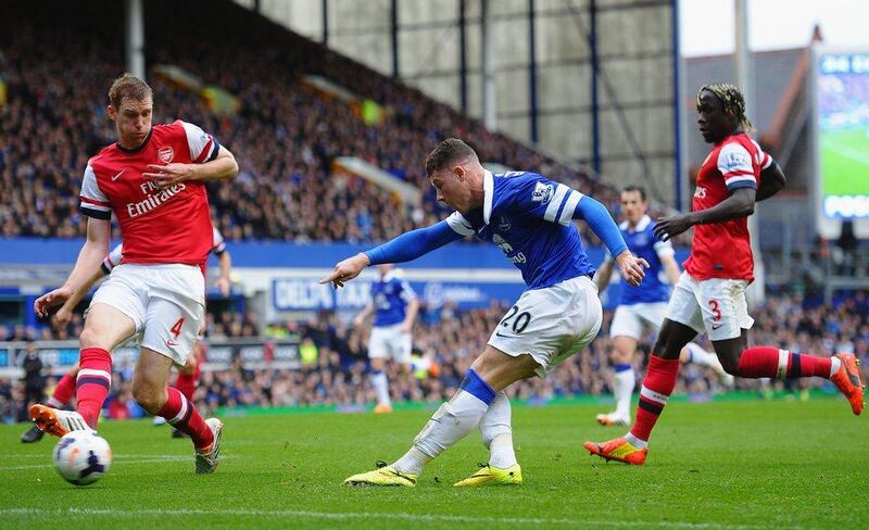 Ross Barkley of Everton shoots at goal during Everton's win over Arsenal on Sunday. Laurence Griffiths / Getty Images / April 6, 2014