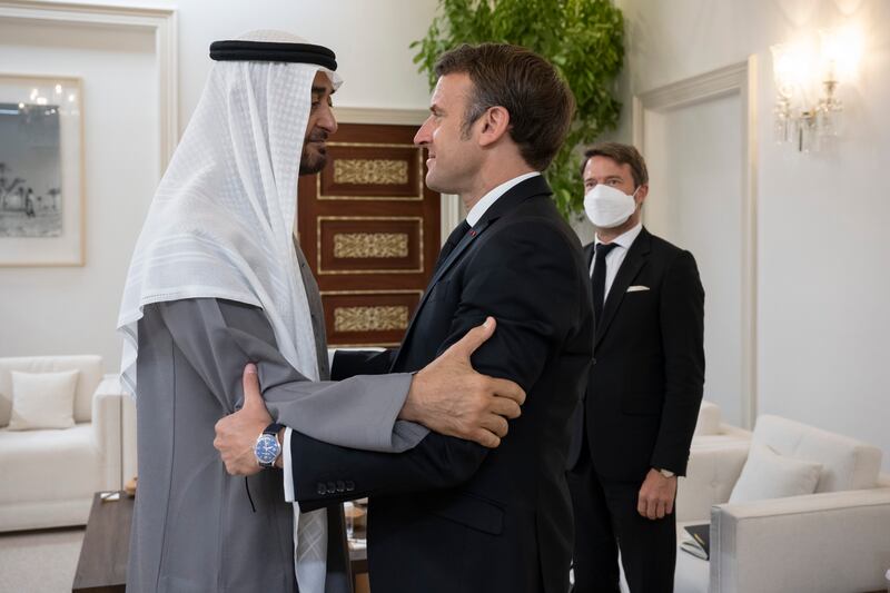 Emmanuel Macron, President of France, with President Sheikh Mohamed at Mushrif Palace. Photo: Abdulla Al Junaibi for the Ministry of Presidential Affairs