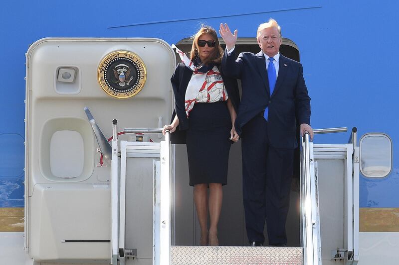 US President Donald Trump and First Lady Melania Trump arrive at Stansted Airport  in London, England. President Trump's three-day state visit will include lunch with the Queen, and a State Banquet at Buckingham Palace, as well as business meetings with the Prime Minister and the Duke of York, before travelling to Portsmouth to mark the 75th anniversary of the D-Day landings.  Getty