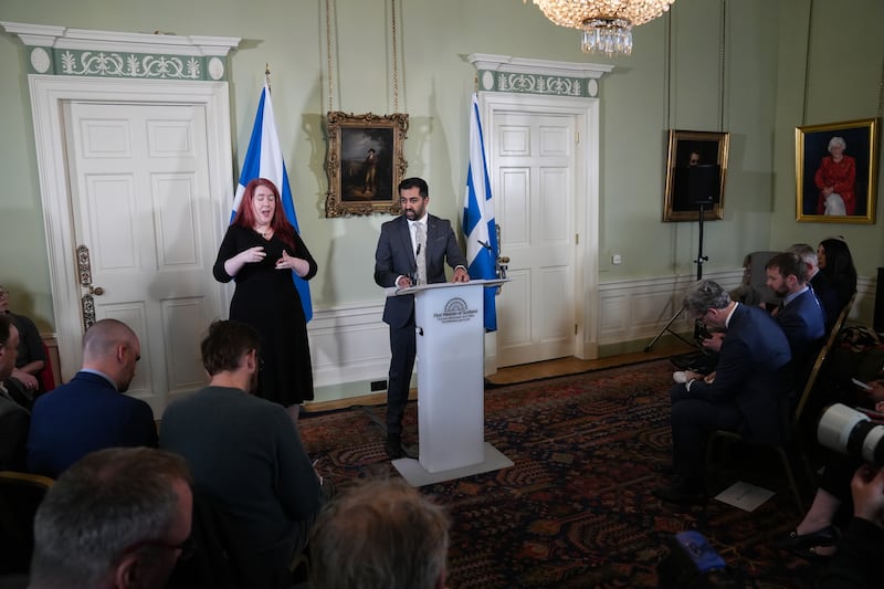 Humza Yousaf at a press conference at Bute House, Edinburgh, where he revealed he will resign as Scotland's First Minister and SNP leader. EPA