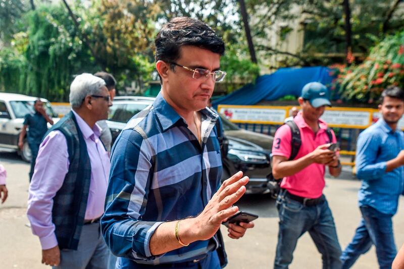 Former cricket captain Sourav Ganguly gestures as he arrives at the Board of Control for Cricket in India (BCCI) headquarters at Wankhede stadium to file nomination for the board's elections in Mumbai on October 14, 2019. Former India captain Sourav Ganguly is poised to take over as the president of the country's cricket board as nominations close on October 14 for elections to the game's wealthiest and most powerful body. 
 / AFP / Indranil MUKHERJEE
