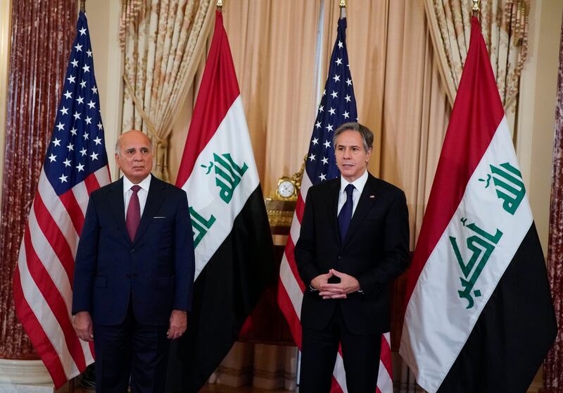 Iraqi Foreign Minister Fuad Hussein and US Secretary of State Antony Blinken in Washington in 2021. AP