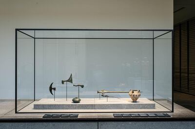 Louvre Abu Dhabi's Rulers and Warriors, The Age of Heroes display, where the dagger has gone on display alongside other weapons and objects from the Bronze Age. Courtesy Department of Culture and Tourism – Abu Dhabi
