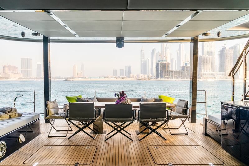 Outdoor space on the all-electric Sunreef 80 moored in Dubai. Photo: Sunreef