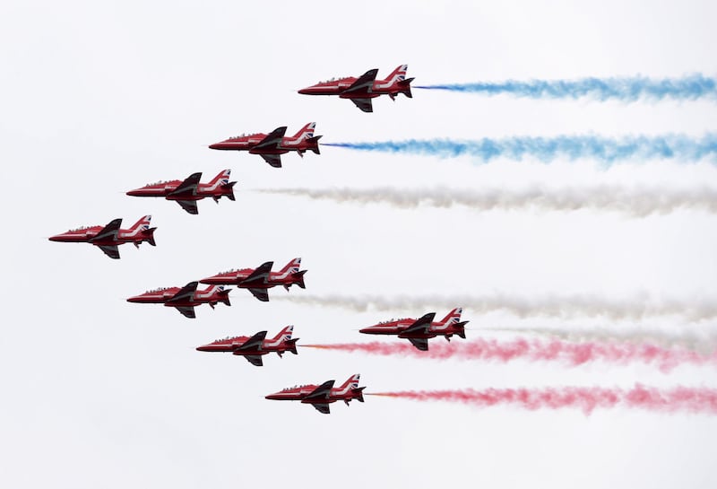 A flypast by the British Royal Air Force (RAF) Aerobatic Team, the Red Arrows, during the commemorations for the 75th Anniversary of the D-Day landings in Southsea Common, Portsmouth.  EPA